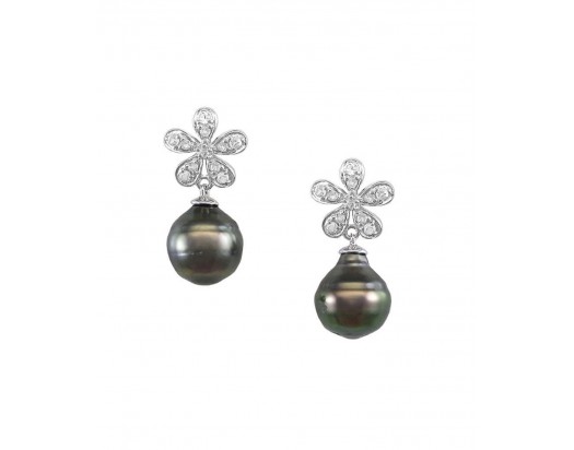 Black Tahitian Pearl Earrings set in Sterling Silver with White Sapphire-BTE5332