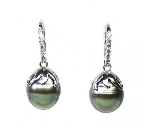 Black Tahitian Pearl Lever Back Earrings with White Sapphire