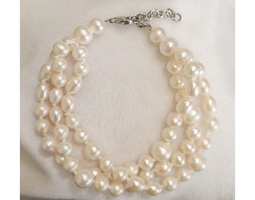Three Row White Freshwater Pearl Bracelet- Sterling Silver- FB3301WHT