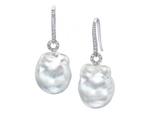 White Freshwater Baroque Pearl Earrings with Diamonds in 14K White Gold