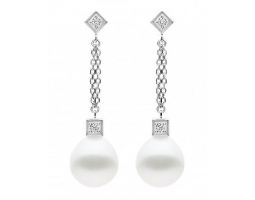 White Freshwater Pearl Dangle Earrings with Diamonds and set in 14K White Gold