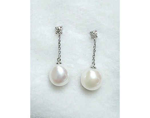 White Freshwater Pearl Earrings with Diamonds set in 14K White Gold-FE48174W
