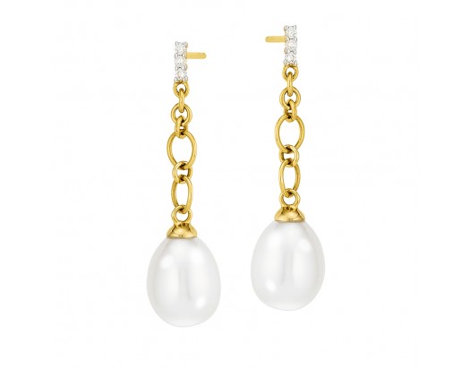 14K Yellow Gold Freshwater Pearl Drop Earrings- 7.5-8mm- Diamonds .045ct tw   