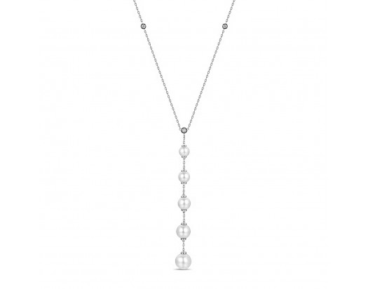 14K White gold "Y" necklace with Diamonds and white Freshwater Pearls-FN8992W