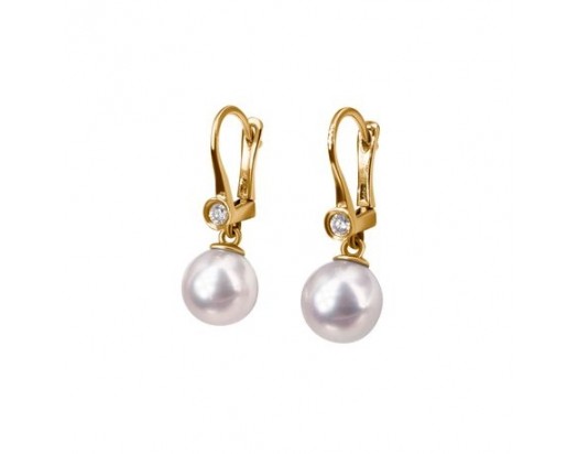 14K Yellow Gold Leverback earrings with Japanese Akoya Cultured Pearls and Diamonds