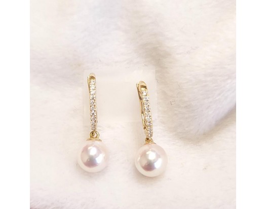 14KY Japanese Cultured Pearl Earrings with Diamonds-Lever Back