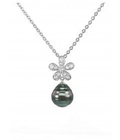 Black Tahitian Pearl Necklace with White Topaz & Sterling Silver Chain