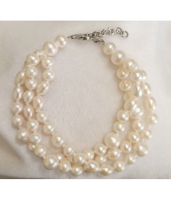 Three Row White Freshwater Pearl Bracelet- Sterling Silver- FB3301WHT