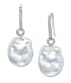 White Freshwater Baroque Pearl Earrings with Diamonds in 14K White Gold