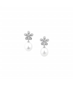 White Freshwater Pearl Earrings set in Sterling Silver with White Topaz-FE5332