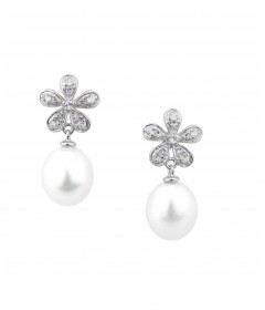 White Freshwater Pearl Earrings 9-10mm- Sterling Silver&White Topaz