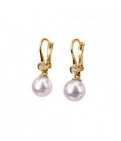 14K Yellow Gold Leverback earrings with Japanese Akoya Cultured Pearls and Diamonds