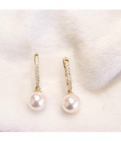 14KY Japanese Cultured Pearl Earrings with Diamonds-Lever Back